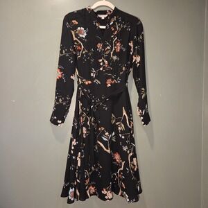 Nanette Lepore Floral Long Sleeve Shirt Dress Tie Waist, Women's Size 2, Black